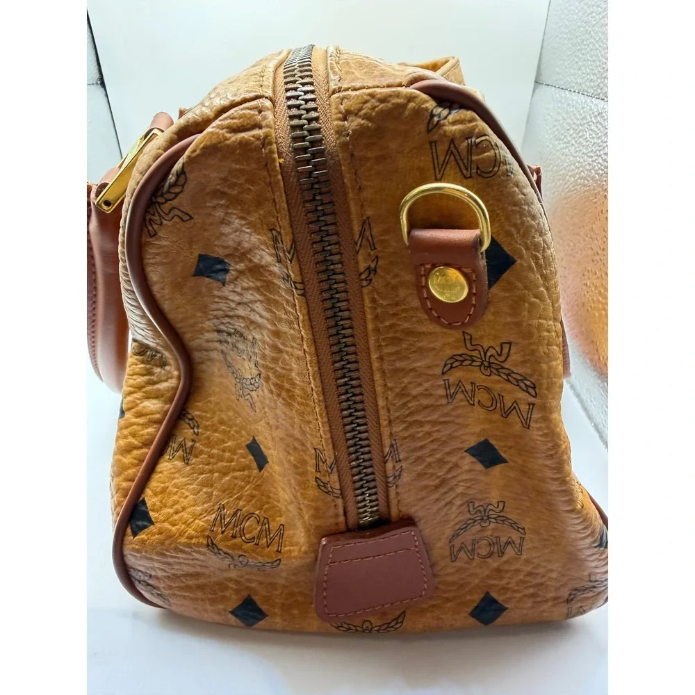 MCM Visetos Boston Bag Cognac Monogram Coated Canvas Satchel G0814‎ 10in